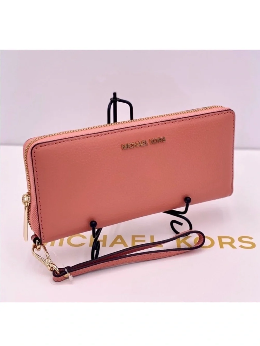 Michael Kors Salmon Pink Leather Zip Wallet Wristlet with Gold Hardware Sherbet